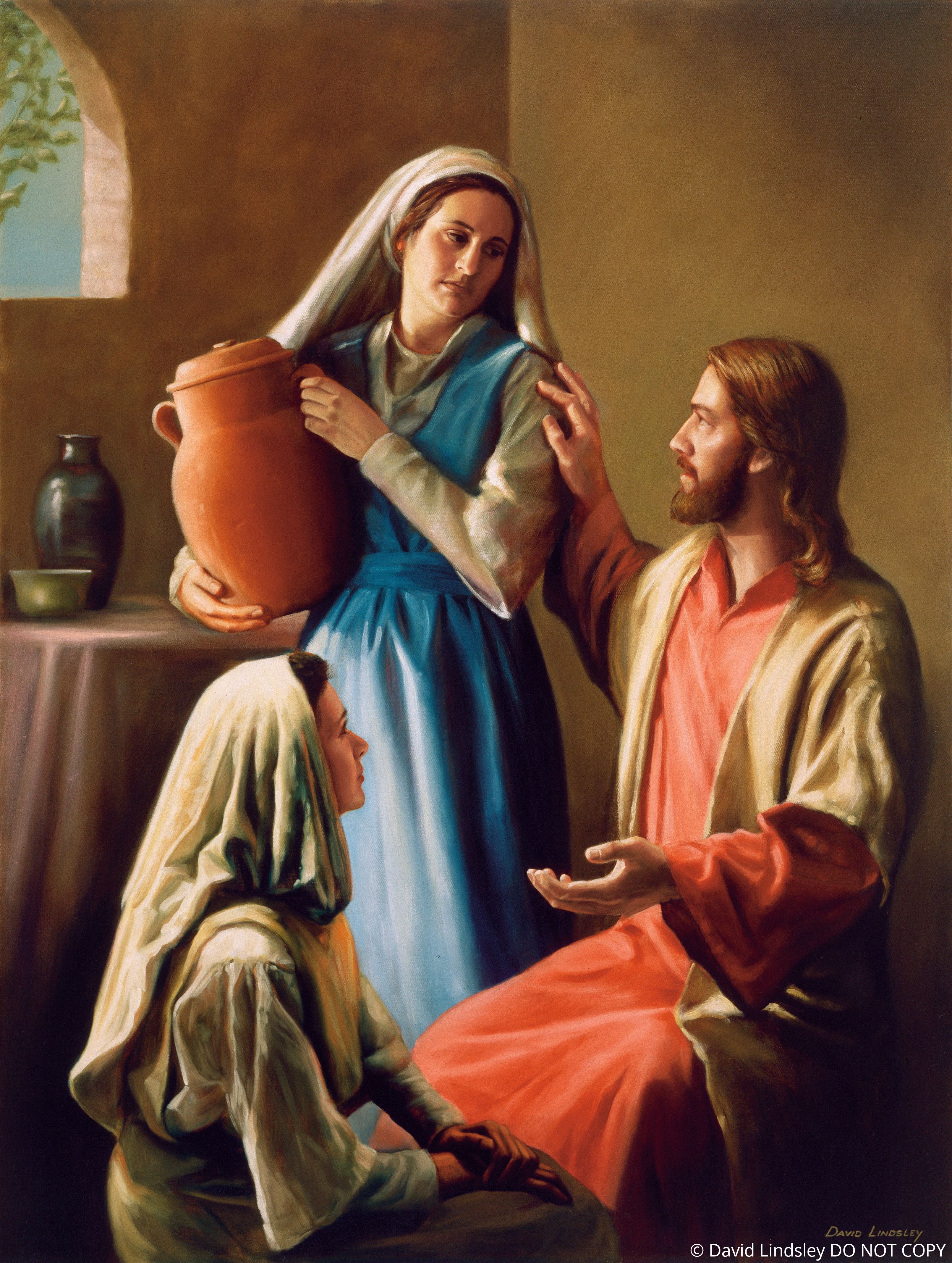 Christ in the Home of Mary and Martha (Mary and Martha), by David Lindsley; GAB 45; Luke 10:38–42; © David Lindsley: DO NOT COPY. This asset is for Church use and online viewing only.