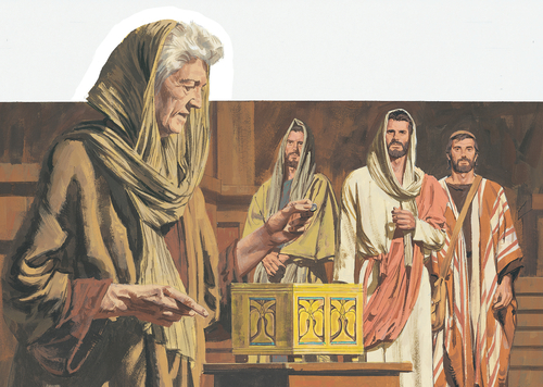 woman placing coin in box