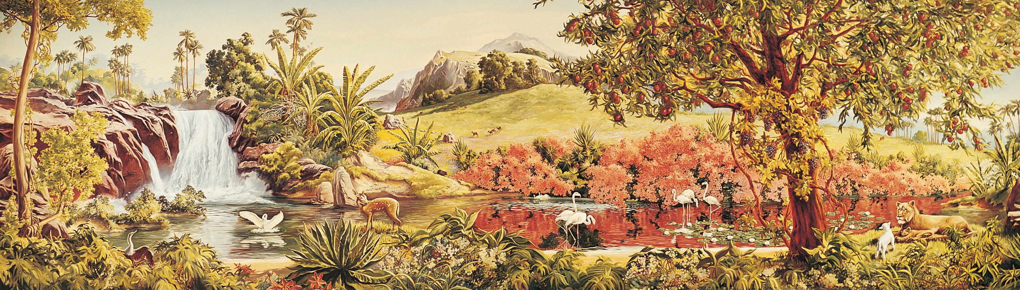 A panoramic painting by Grant Romney Clawson showing the beauty of the Garden of Eden, with a waterfall, large trees, and white birds.