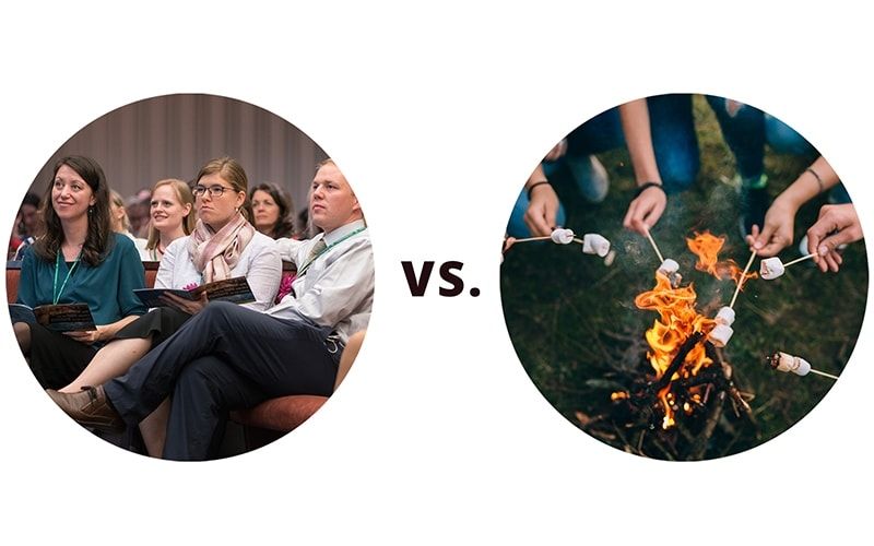 A group sit together in a chapel next to a campfire image
