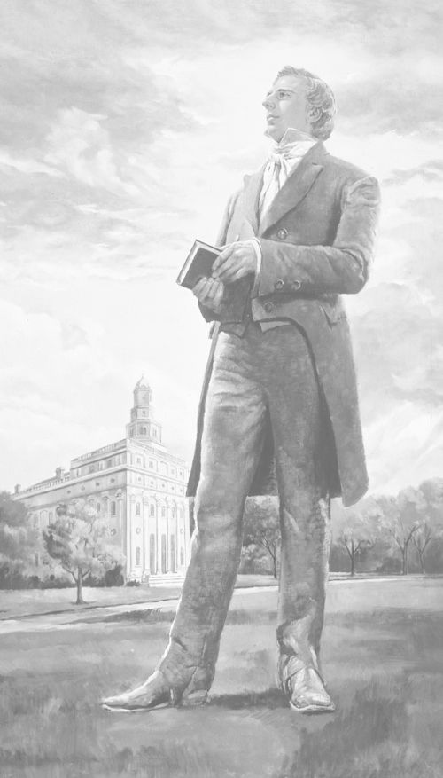 Joseph Smith in front of Nauvoo Temple