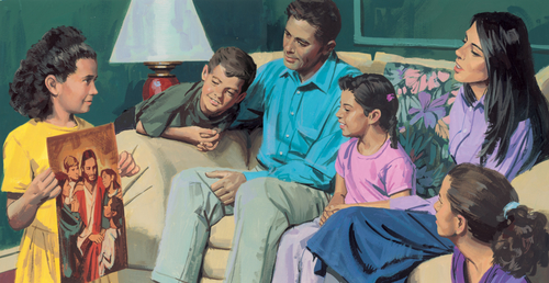 family looking at picture of Jesus