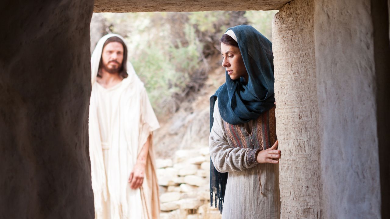 The resurrected Jesus Christ greets Mary Magdalene at the empty garden tomb