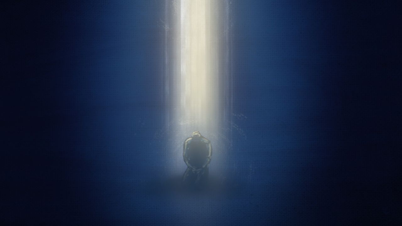 A light from heaven shine on a man kneeling in prayer